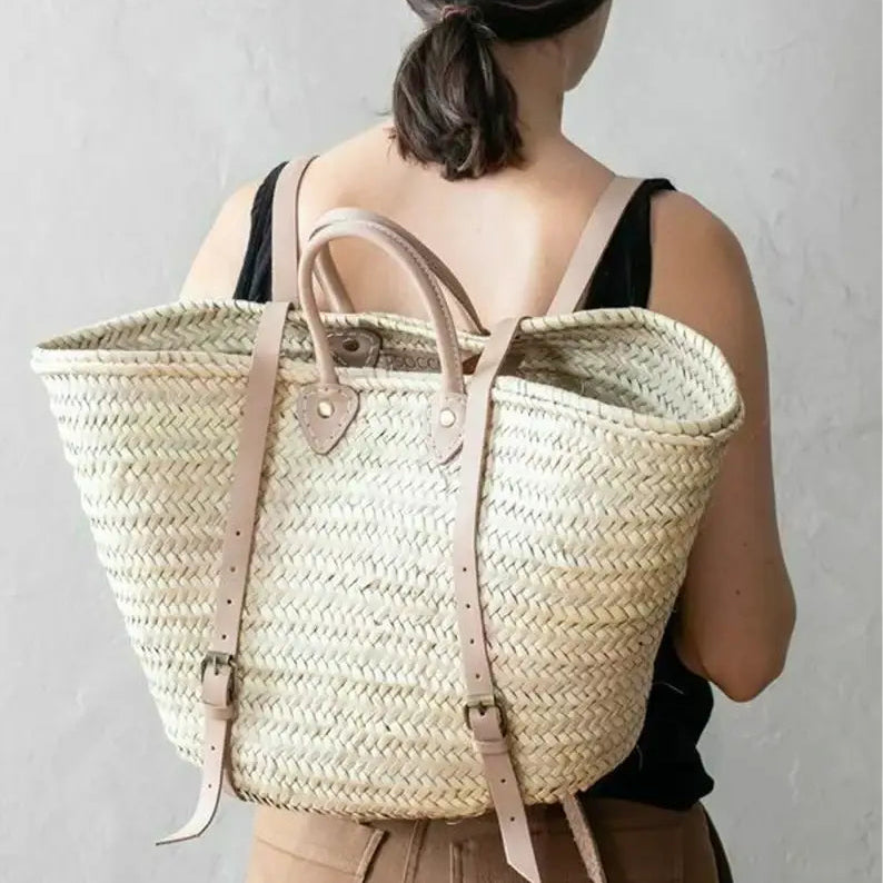Marty French Woven Market Backpack Handwoven Moroccan Basket Backpack with Leather Straps and  main image 3
