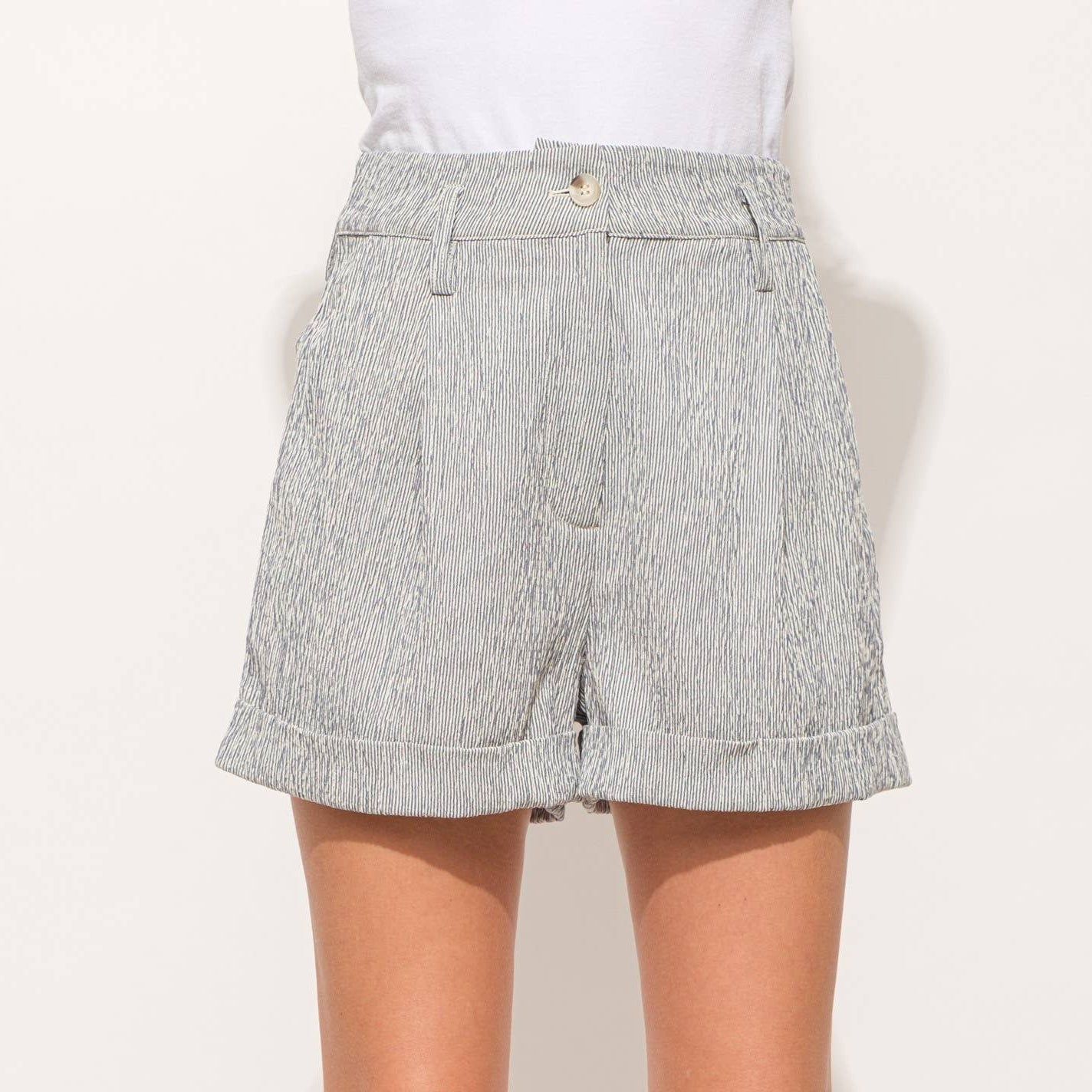 Striped Plissé High-Waist Shorts