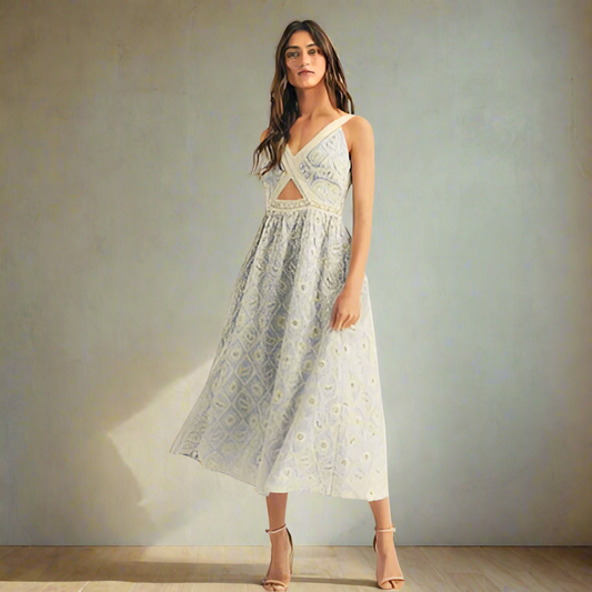 Embroidered Detail Waist Cut Out Midi Dress