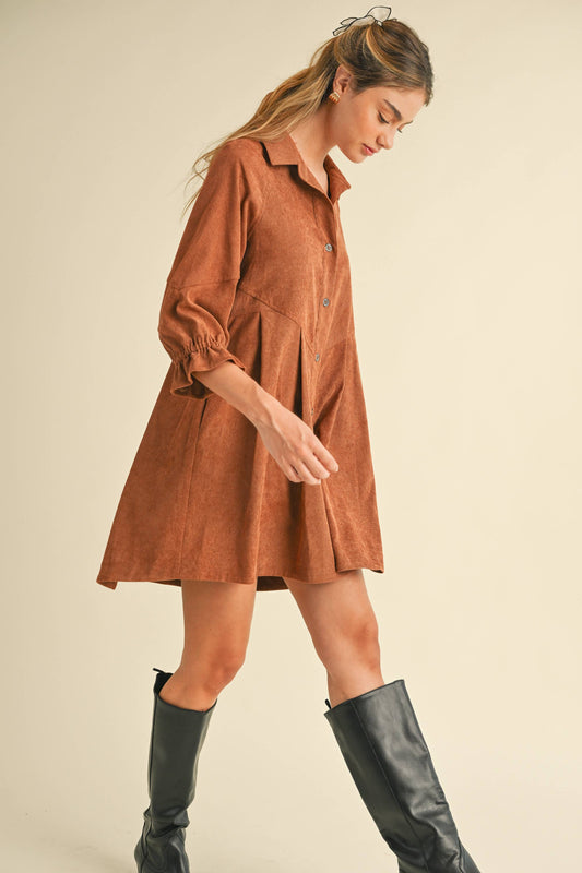 Brown Corduroy Button Down Dress