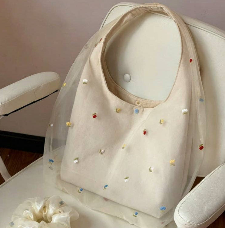 Embroidered Mesh Shoulder Bag
