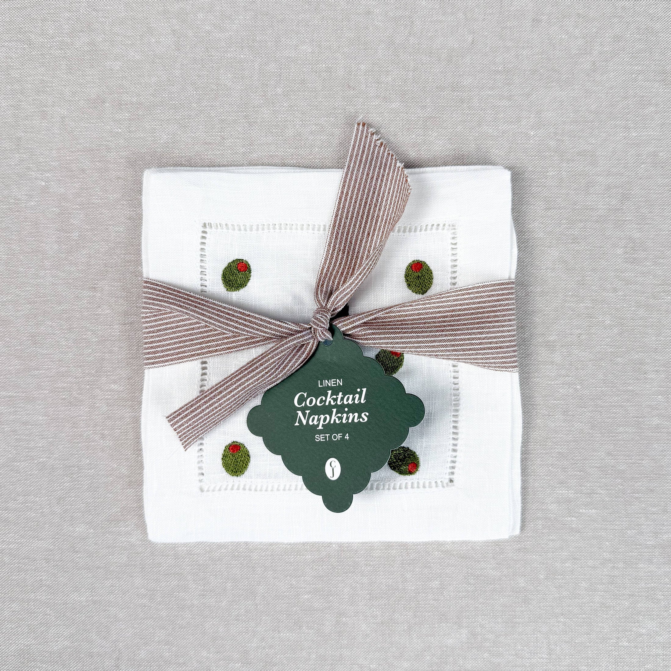 Olive Martini Embroidered Cocktail Napkin Set