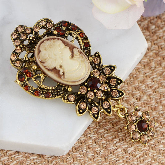 Vintage Crystal Rhinestone Victorian Cameo Brooch Pendant