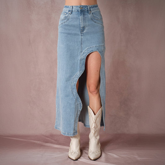 Wavy Denim Midi Skirt