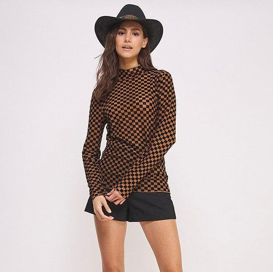 Checker Out Mocha Mesh Top