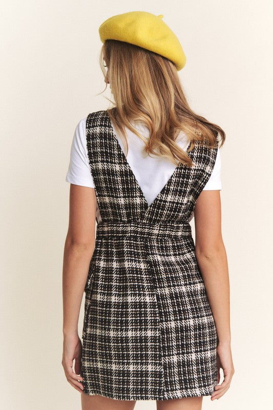 Black and White Tweed Overall Mini Dress