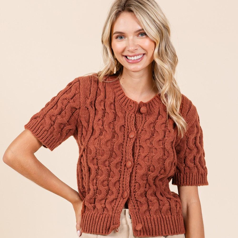 Brick Cable Knit Short-Sleeved Button-Up Sweater