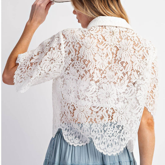 Scallop Hem White Lace Shirt