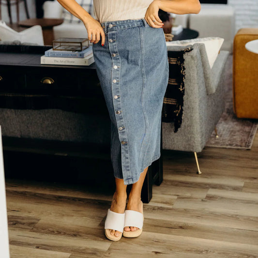 Button Front Denim Midi Skirt