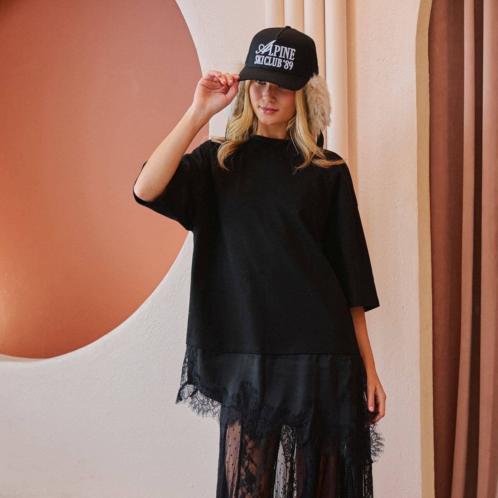 Asymmetric Oversized Tee with Lace Trim