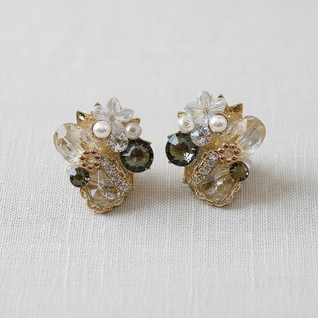 Gold Crystal Floral Stud Earrings