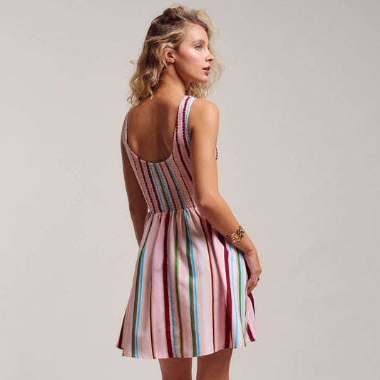 Sorbet Stripe Smocked Bodice Sleeveless Mini Dress
