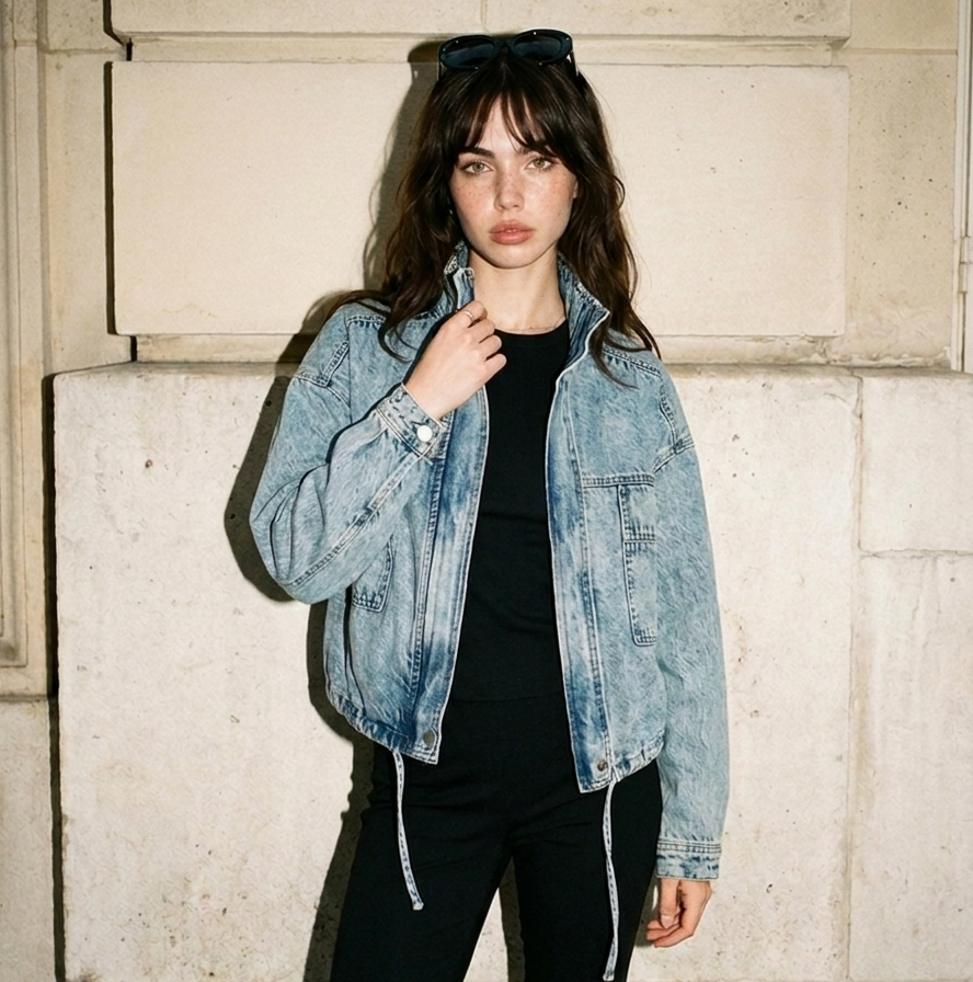Mock Neck Washed Denim Zip Up Jacket
