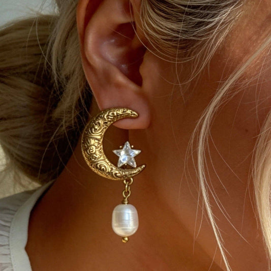 Moon & Star Pearl Drop Earrings
