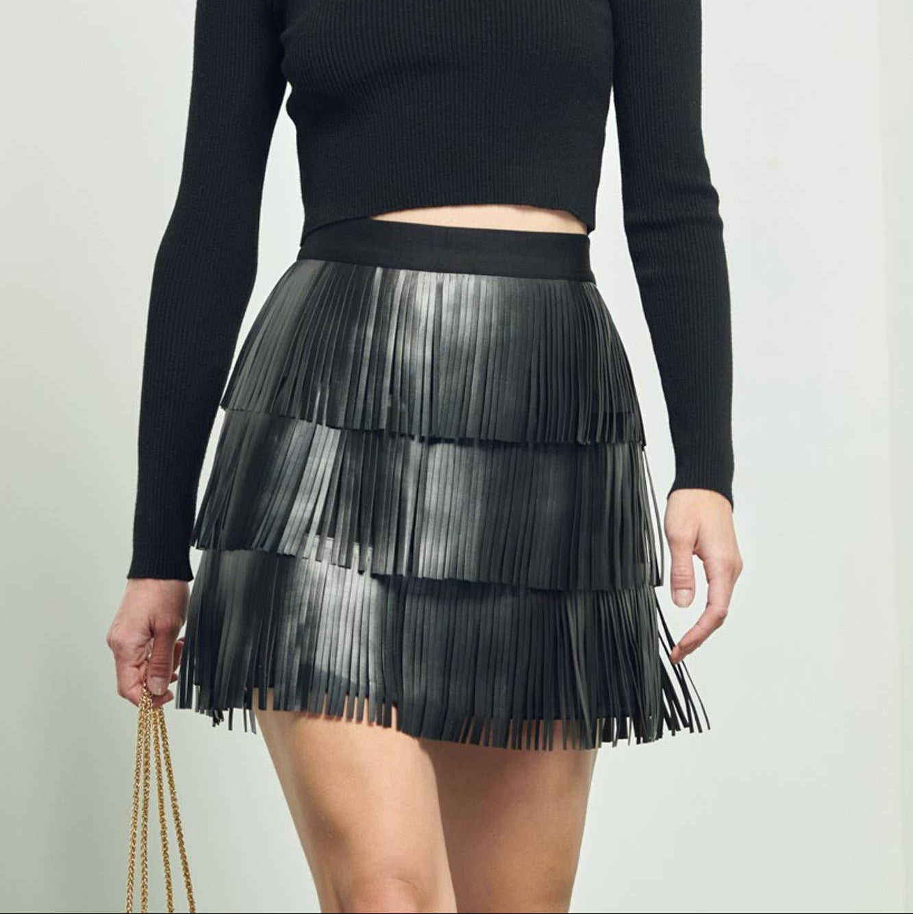 Faux Leather Fringe Mini Skirt in Black