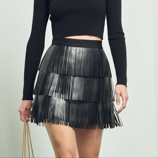 Faux Leather Fringe Mini Skirt in Black