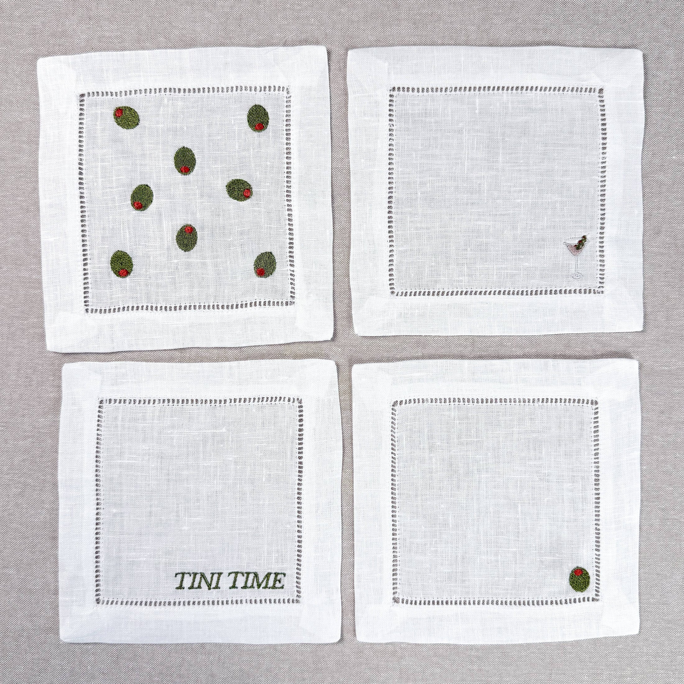 Olive Martini Embroidered Cocktail Napkin Set
