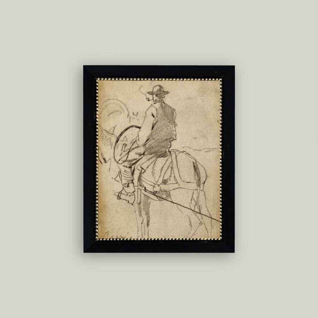 Man Riding a Horse Framed Antique Art 4 x 6