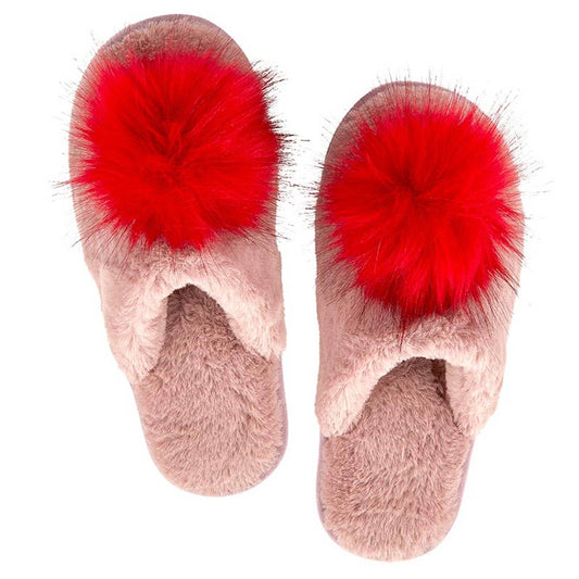 Blush with Red Pom Pom Plush Slippers