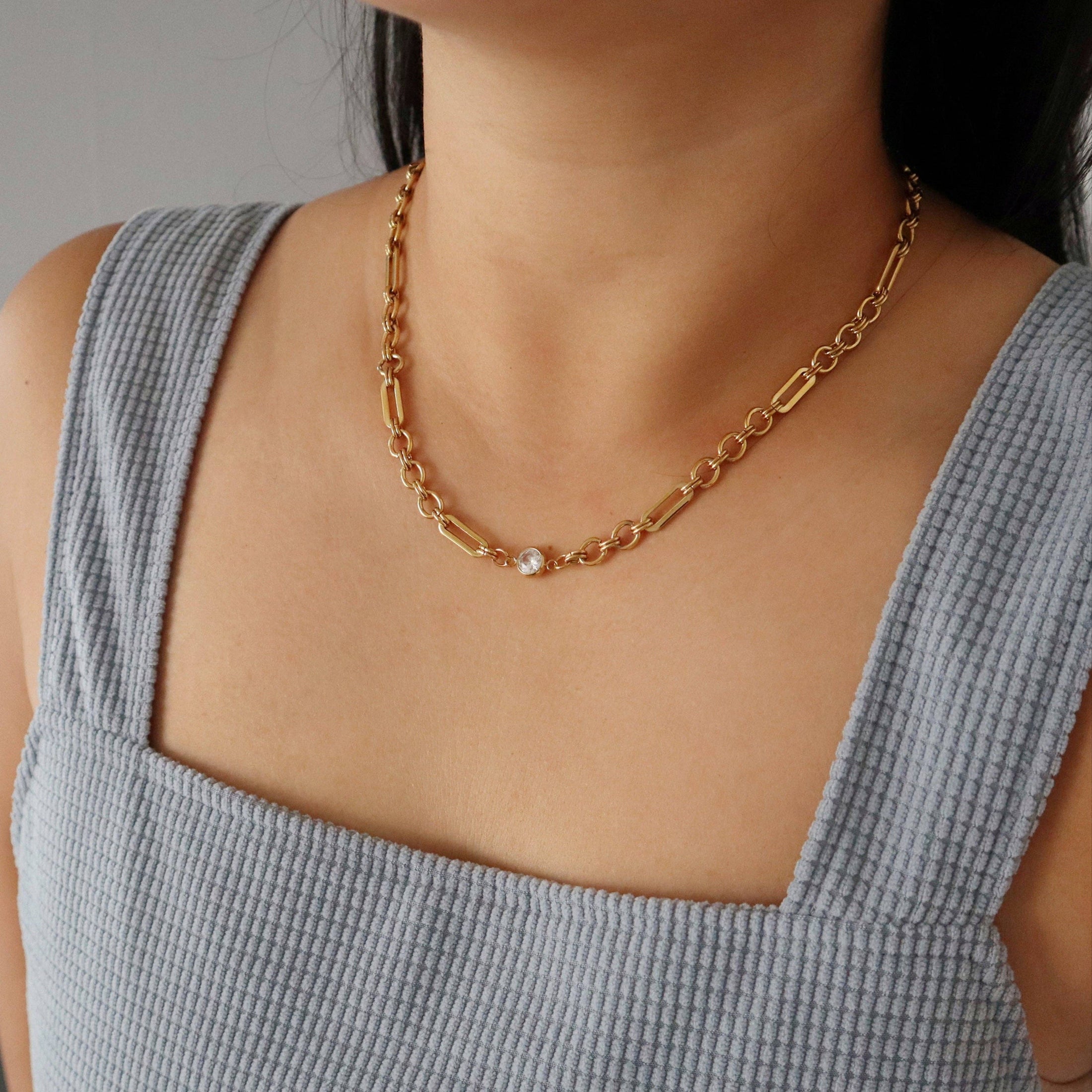Solenne Chain Necklace | CZ Bezel Necklace