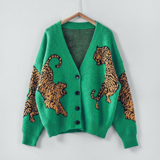 Tiger Jacquard Knit Sweater Cardigan