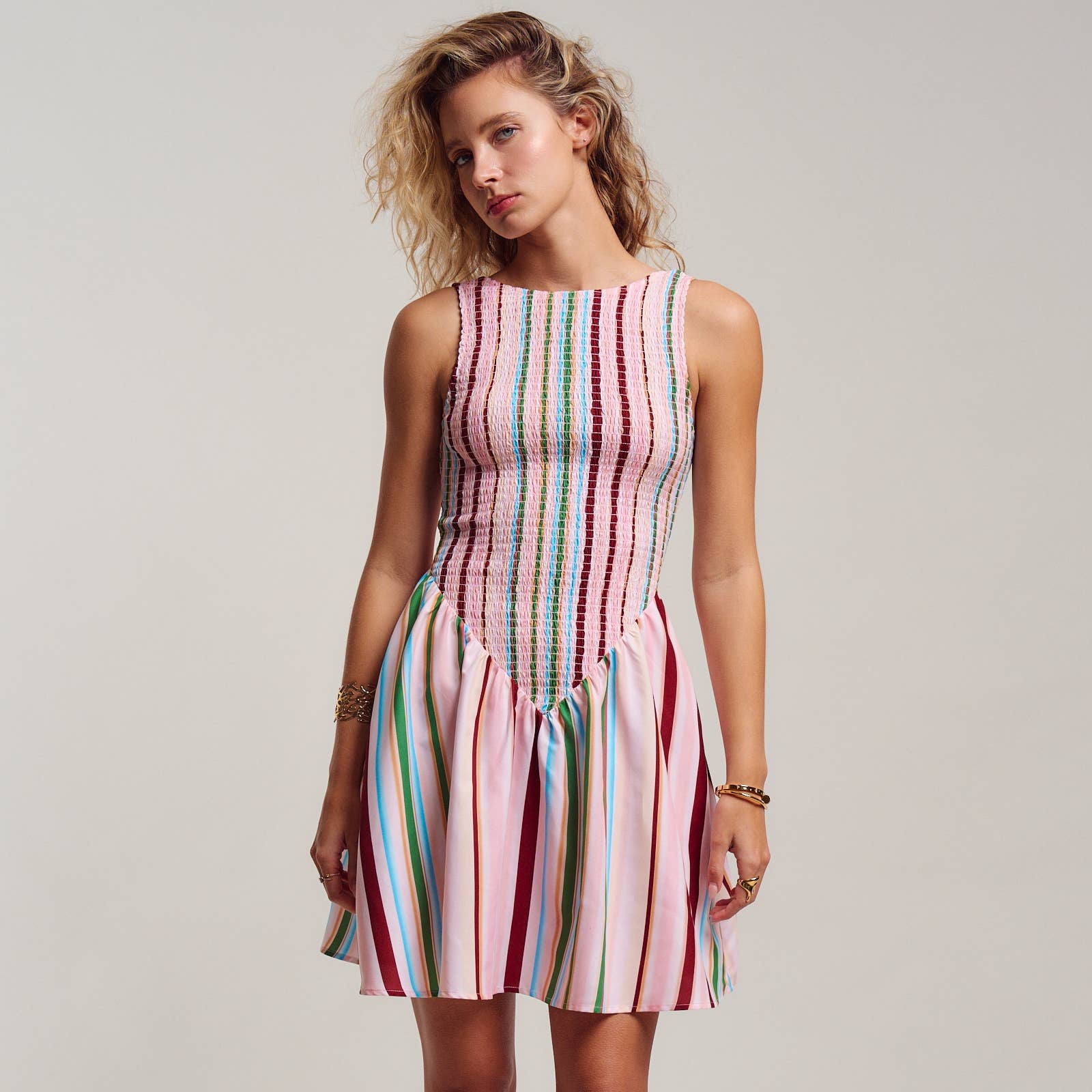 Sorbet Stripe Smocked Bodice Sleeveless Mini Dress