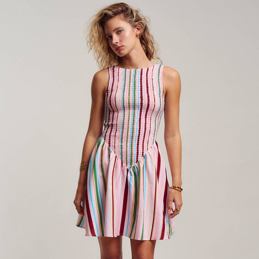 Sorbet Stripe Smocked Bodice Sleeveless Mini Dress