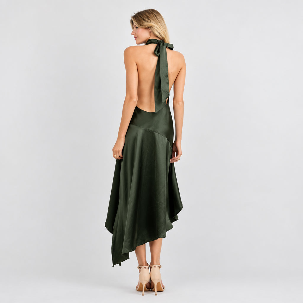 Deep Green Satin Halter Dress