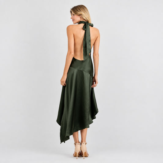 Deep Green Satin Halter Dress