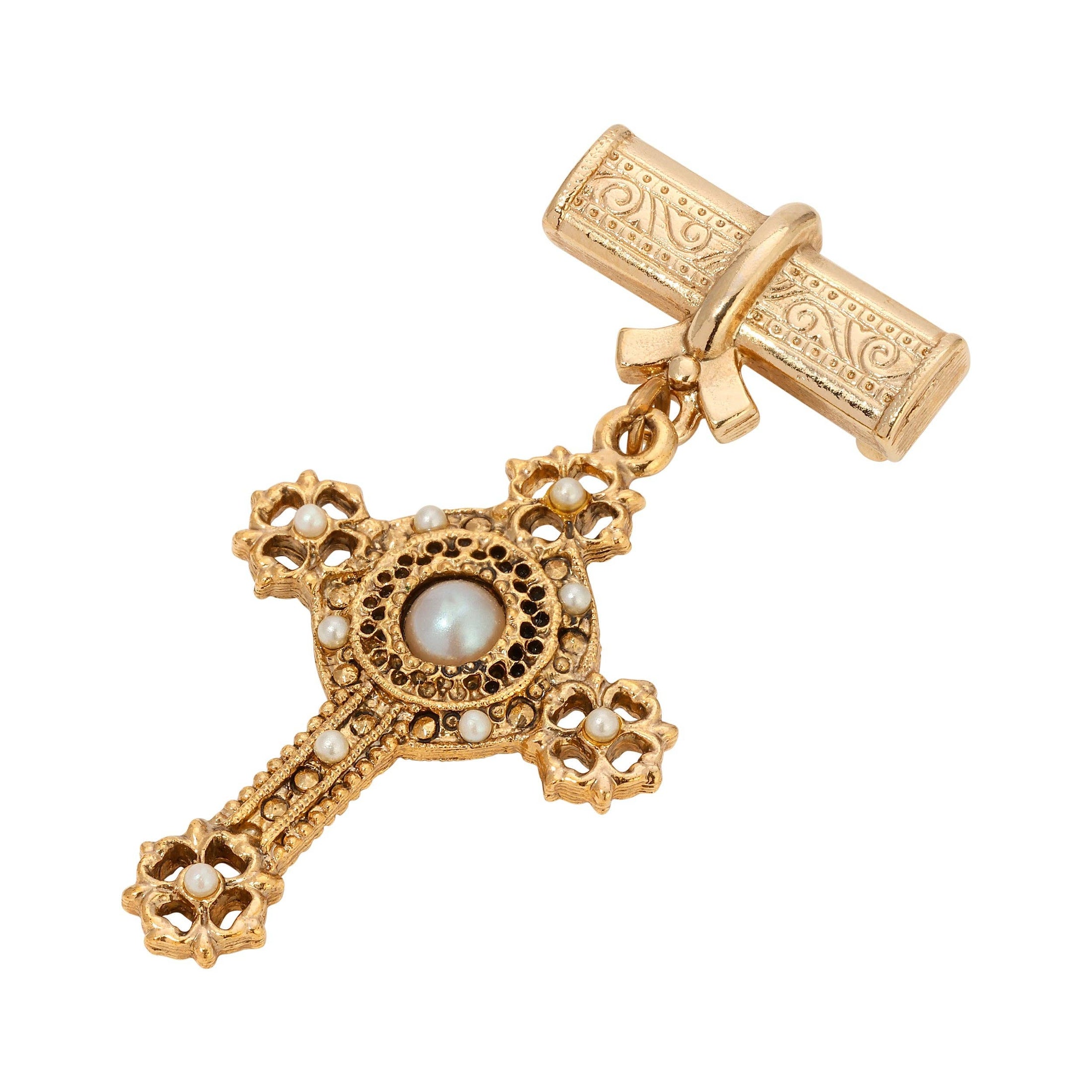 Faux Pearl Cross Brooch