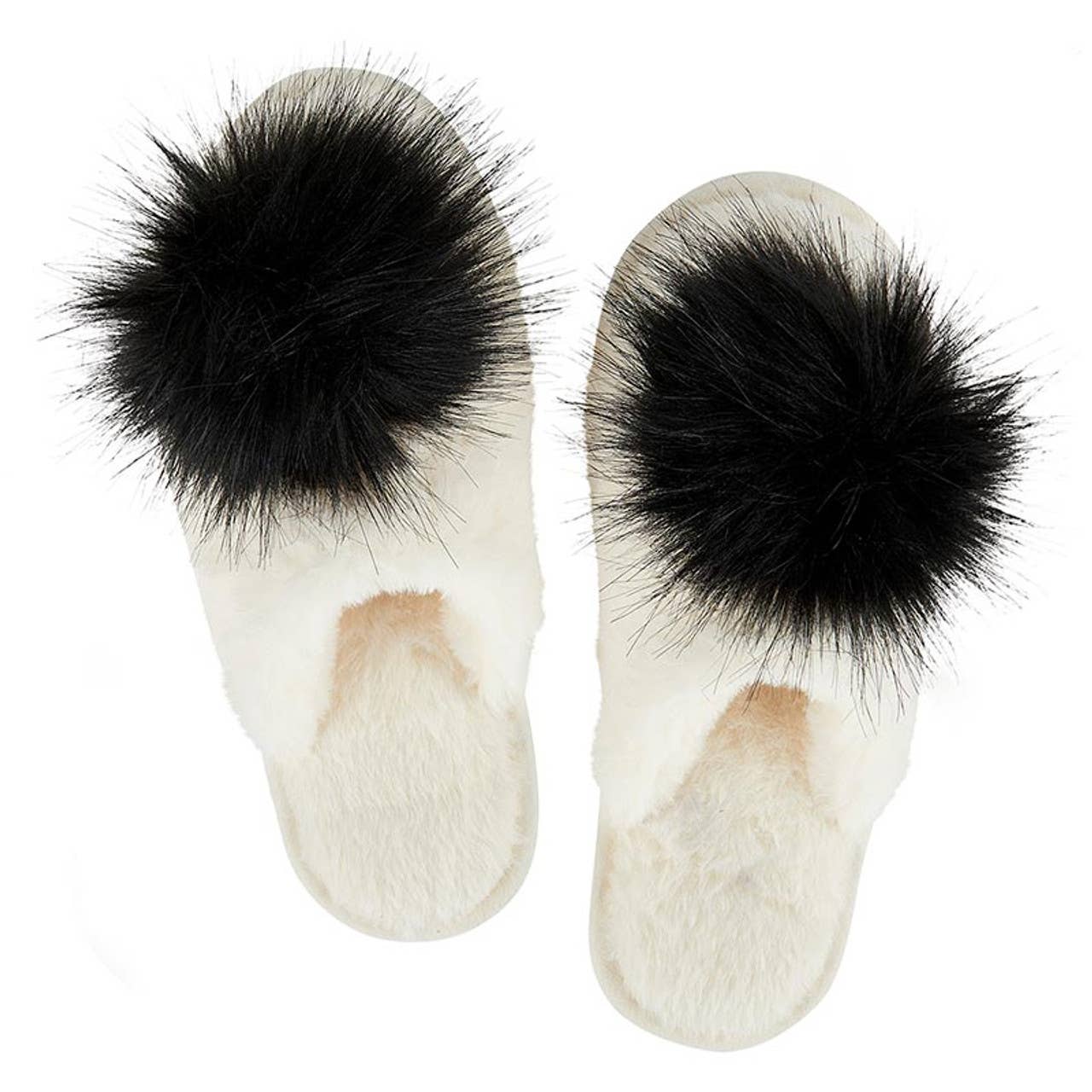Ivory with Black Pom Pom Plush Slippers