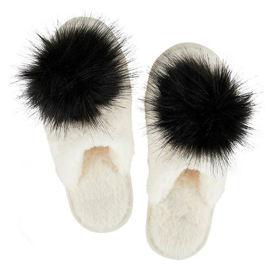 Ivory with Black Pom Pom Plush Slippers