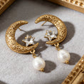 Load image into Gallery viewer, Moon & Star Pearl Drop Earrings
