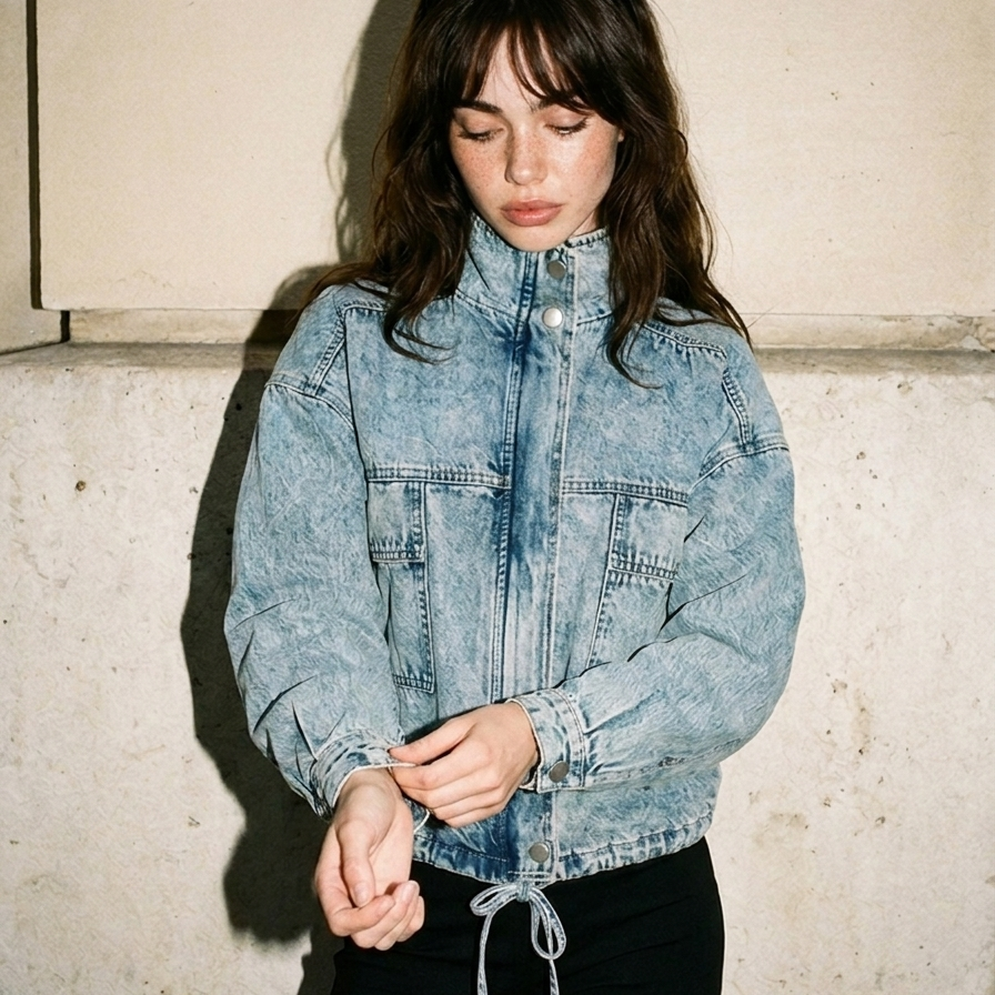 Mock Neck Washed Denim Zip Up Jacket