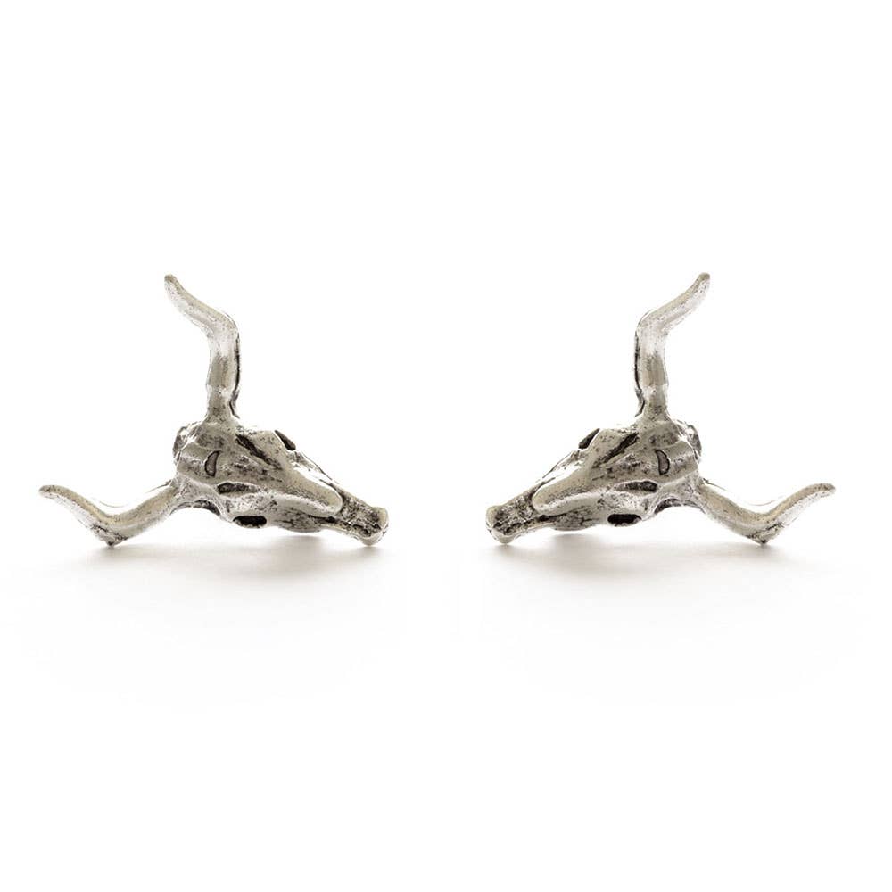 Silver Longhorn Steer Skull Stud Earrings