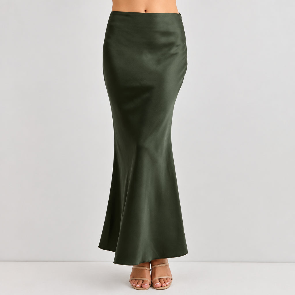 Deep Green Satin Midi Skirt