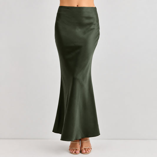 Deep Green Satin Midi Skirt