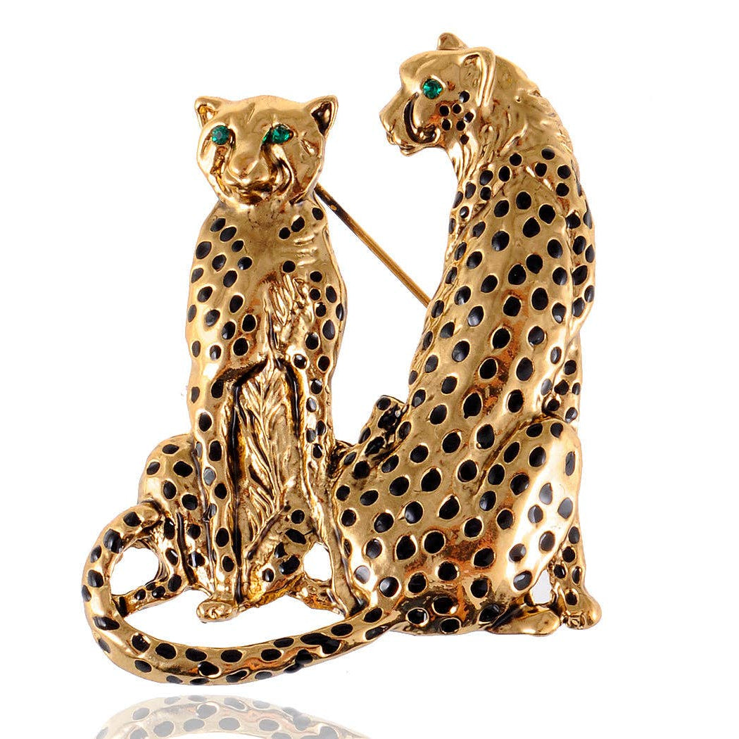 Turquoise Blue Spotted Leopard Family Twin Lover Brooch Pin