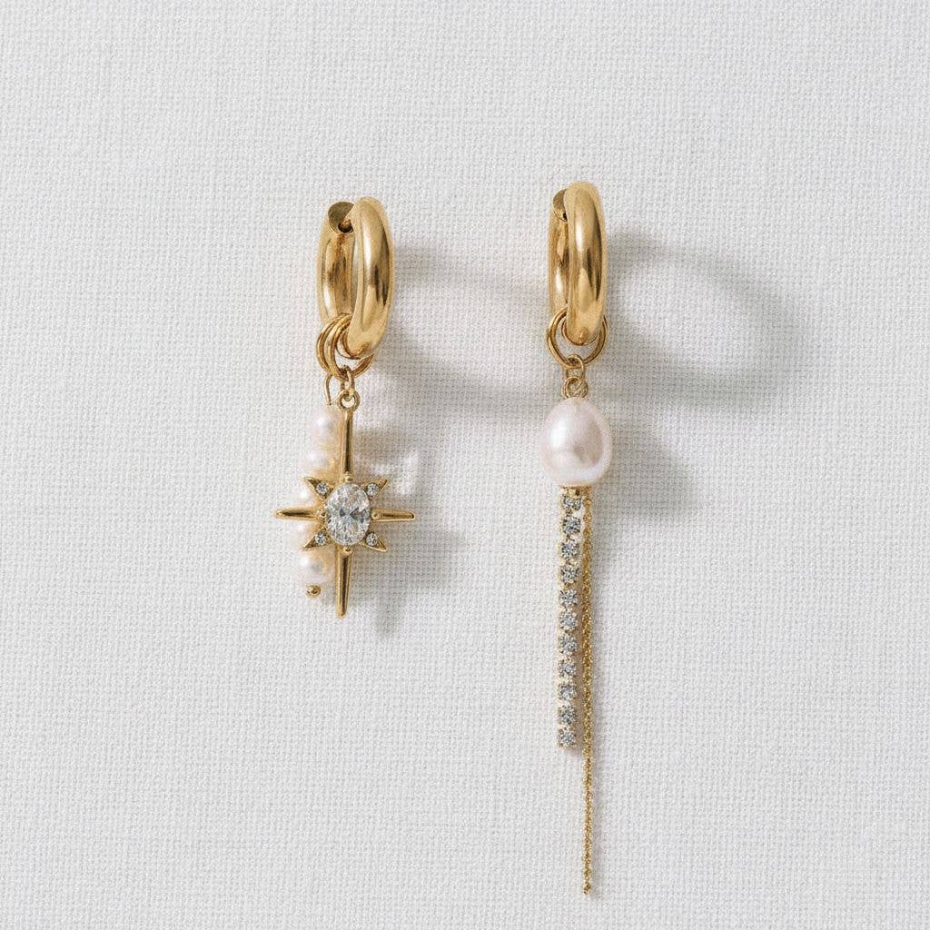 Asymmetrical Pearl Starburst Chain Earrings