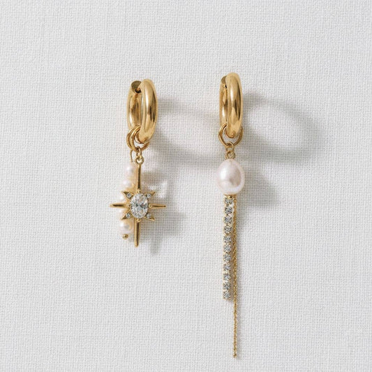 Asymmetrical Pearl Starburst Chain Earrings
