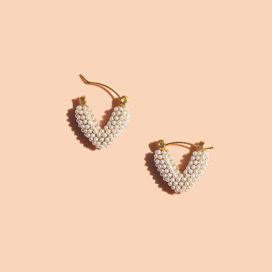 Pearl Mini Dot V Hoops - 18K Gold Plated