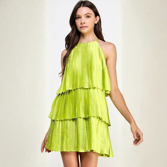 Chartreuse Pleated Satin Mini Dress