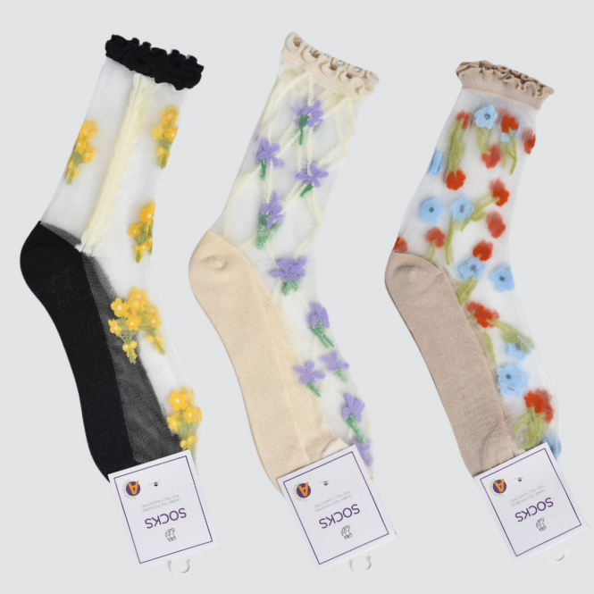 Sheer Floral Vine Crew Socks