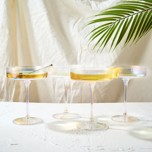 Set of 4 - Ribbed Art Deco Iridescent Coupe Glasses