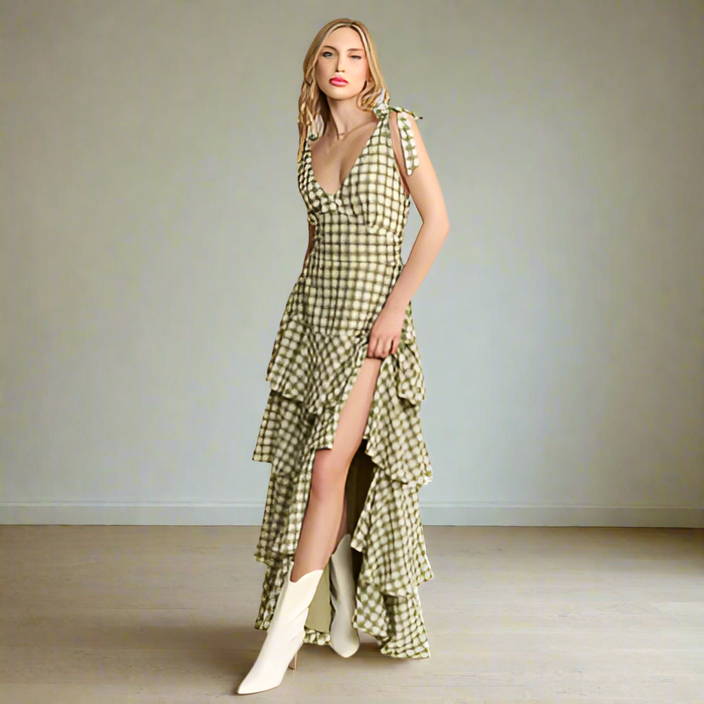 Green Gingham Layered Maxi Dress