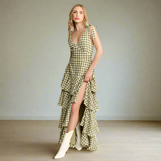 Green Gingham Layered Maxi Dress