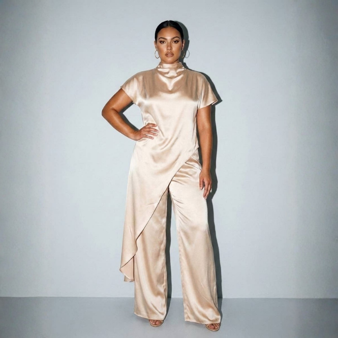 Satin Drape Neck Tunic Set
