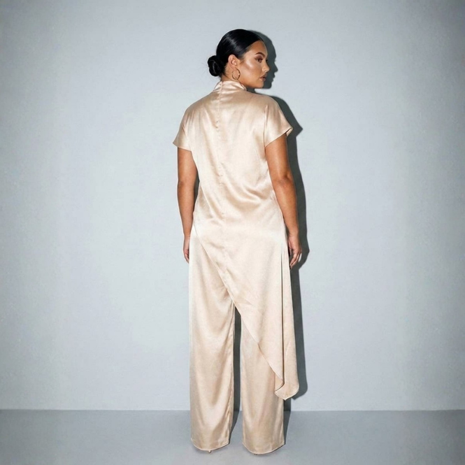 Satin Drape Neck Tunic Set
