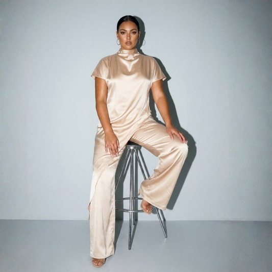 Satin Drape Neck Tunic Set