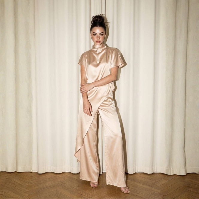 Satin Drape Neck Tunic Set